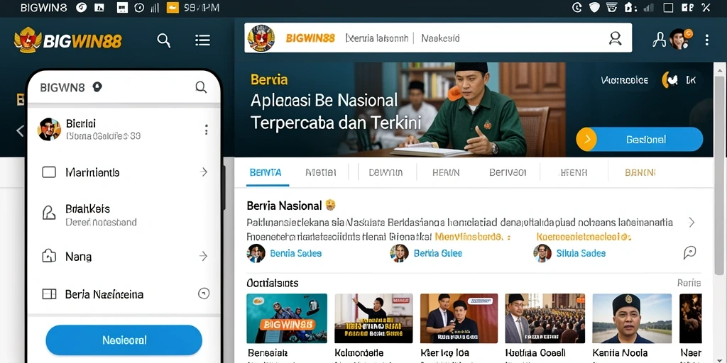 Tampilan antarmuka aplikasi BIGWIN88 dengan berita nasional terkini.