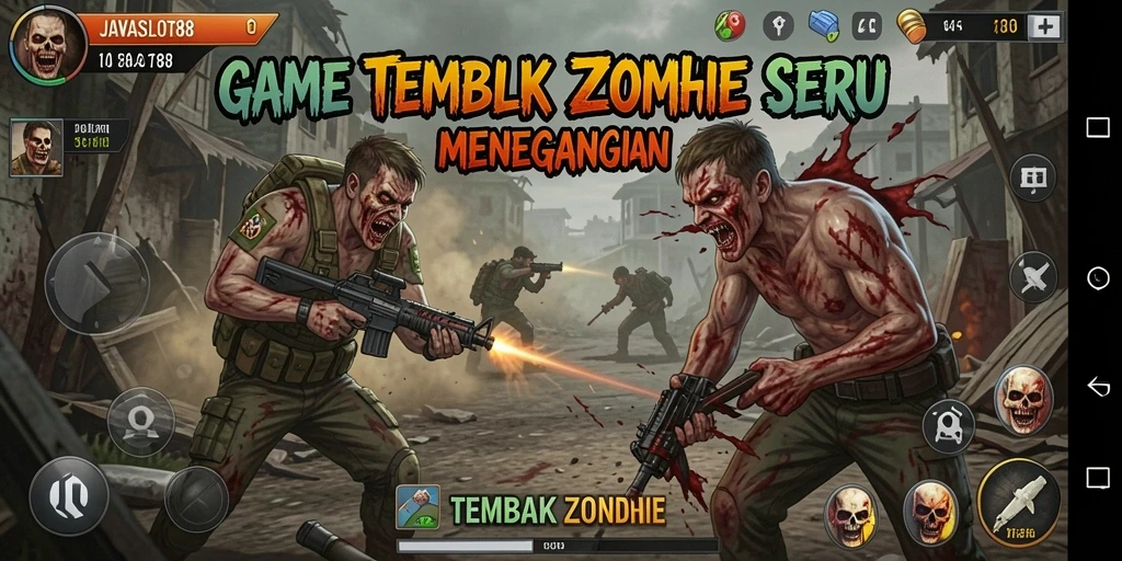 Tampilan antarmuka <strong>JAVASLOT88</strong> menampilkan aksi tembak-menembak melawan zombie.