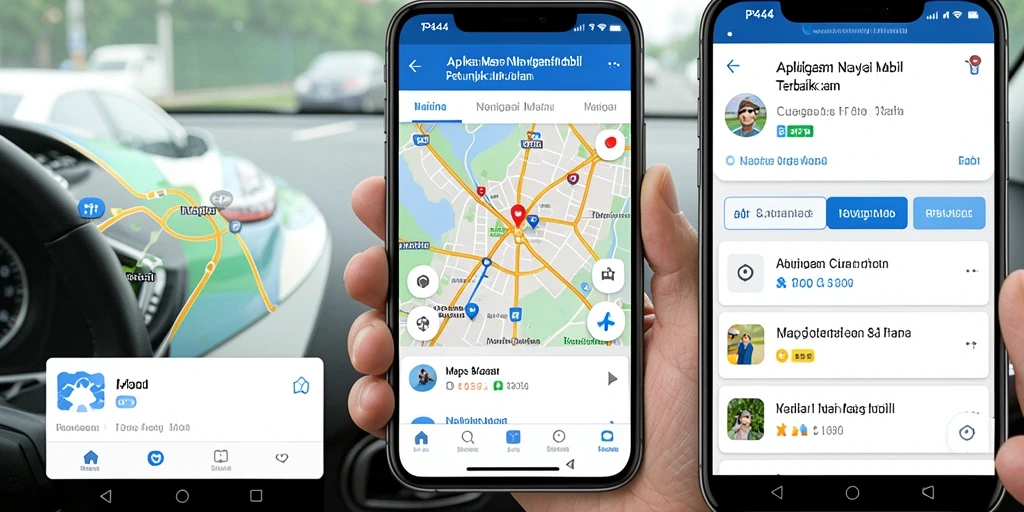Antarmuka aplikasi PP444 menampilkan peta dan petunjuk arah navigasi mobil.
